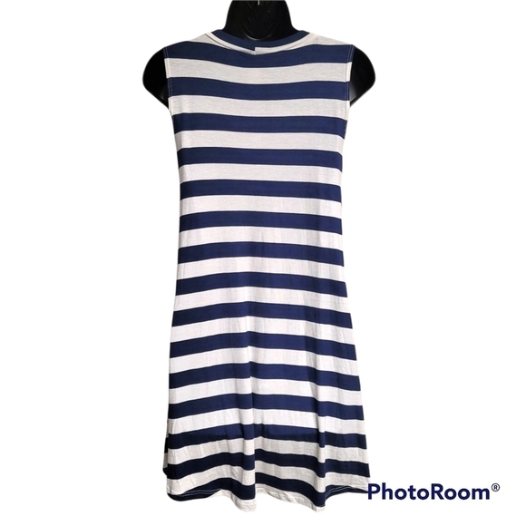 Elan Navy Blue And White Stripe Sleeveless Crew Neck Swing Dress With Pockets S - Picture 4 of 7
